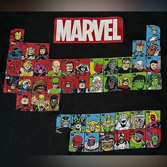 Marvel Periodic Table of Heroe Short Sleeve Black Graphic Tee. T-Shirt. Large. - Picture 3 of 9